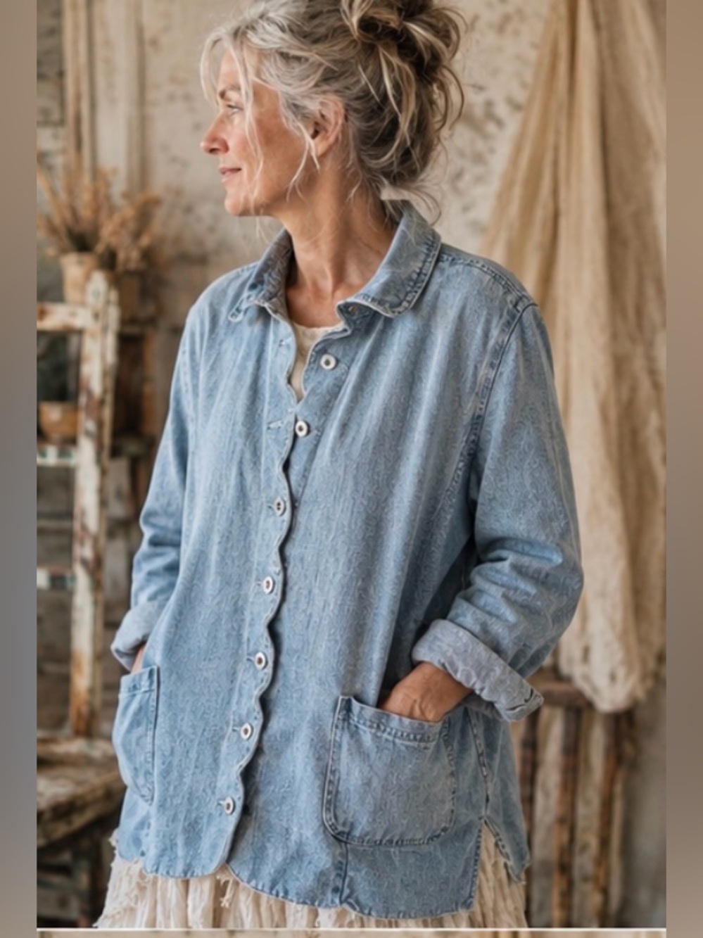 Vintage Roaman’s 18W Denim Chore Jacket Scalloped Edge Boho Lagenlook